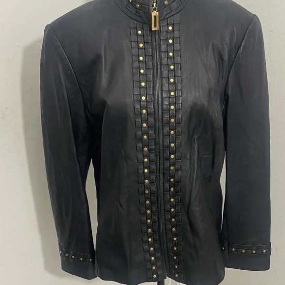 Black ST JOHN SPORT Leather Jacket with Gold Accents - Picture 6 of 9